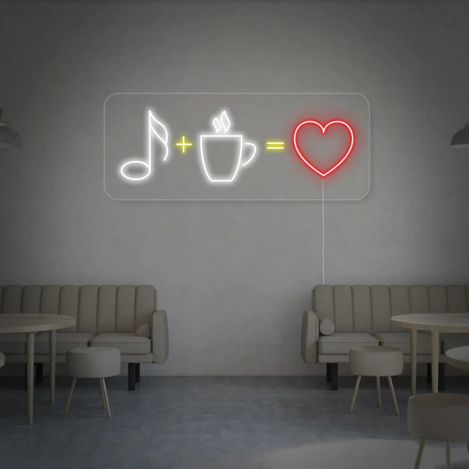 Enseigne murale LED néon représentant une note de musique, une tasse de café et un cœur dans un intérieur de café moderne, décoration lumineuse LED néon DIY pour ambiance coffee shop.