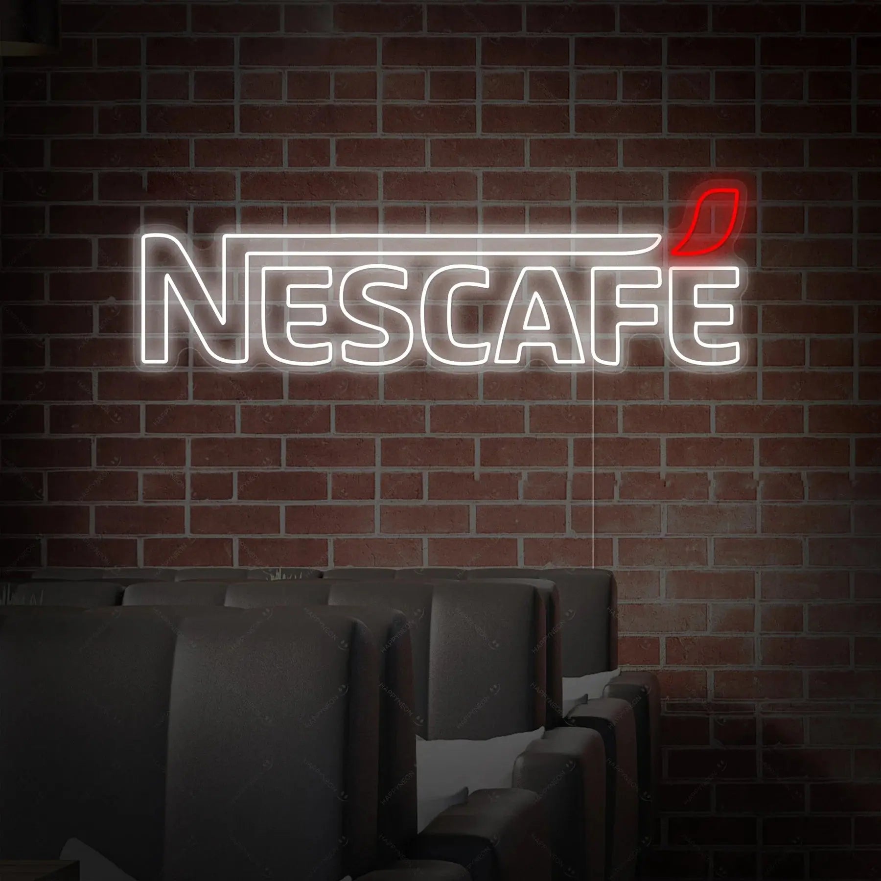 Enseigne LED néon Nescafe fixée sur un mur en briques, décoration murale lumineuse style café moderne pour intérieur de coffee shop