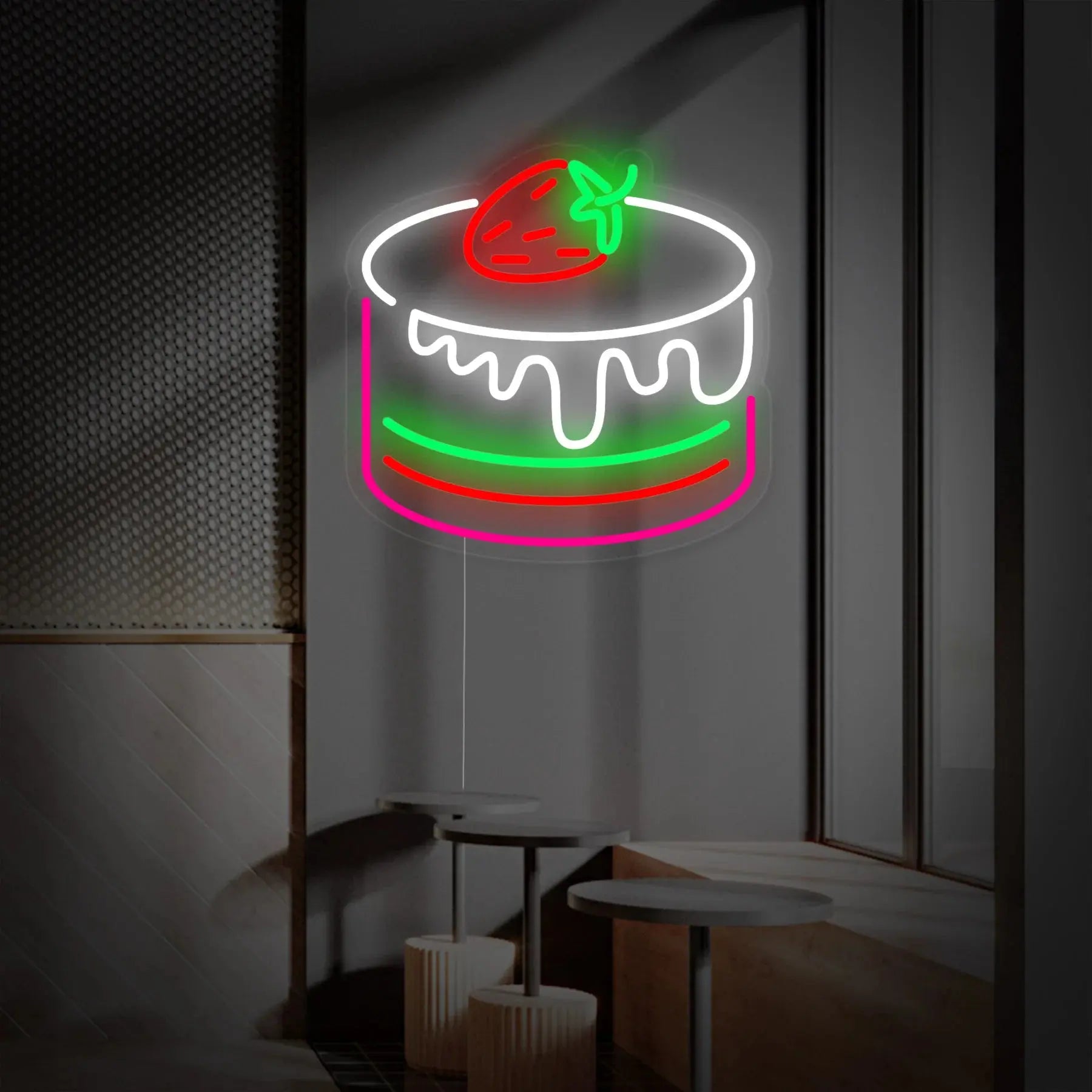 Enseigne néon LED cheesecake à la fraise lumineuse sur mur de café, décoration néon dessert colorée pour boulangerie ou restaurant